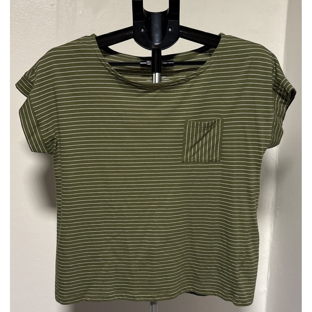 Talbots Green & White striped Short sleeve t-shirt Size Mp Crew Neck pocket